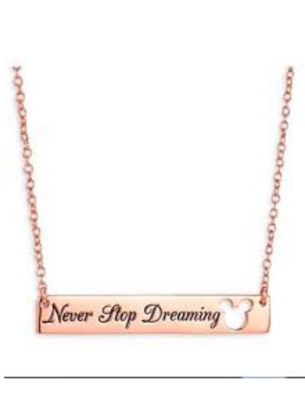 Disney Mickey Mouse Never Stop Dreaming Rose Gold Plated Bar Necklace LIKE NEW